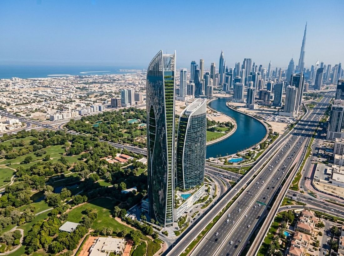 Lotniczy widok wieży Safa One przy Safa Park i Sheikh Zayed Road