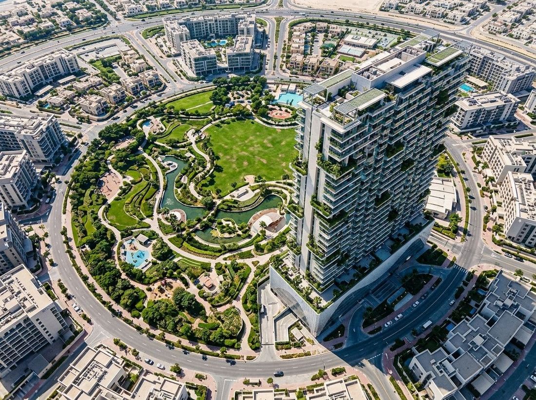 Lotniczy plan One Park Central przy centralnym parku w JVC