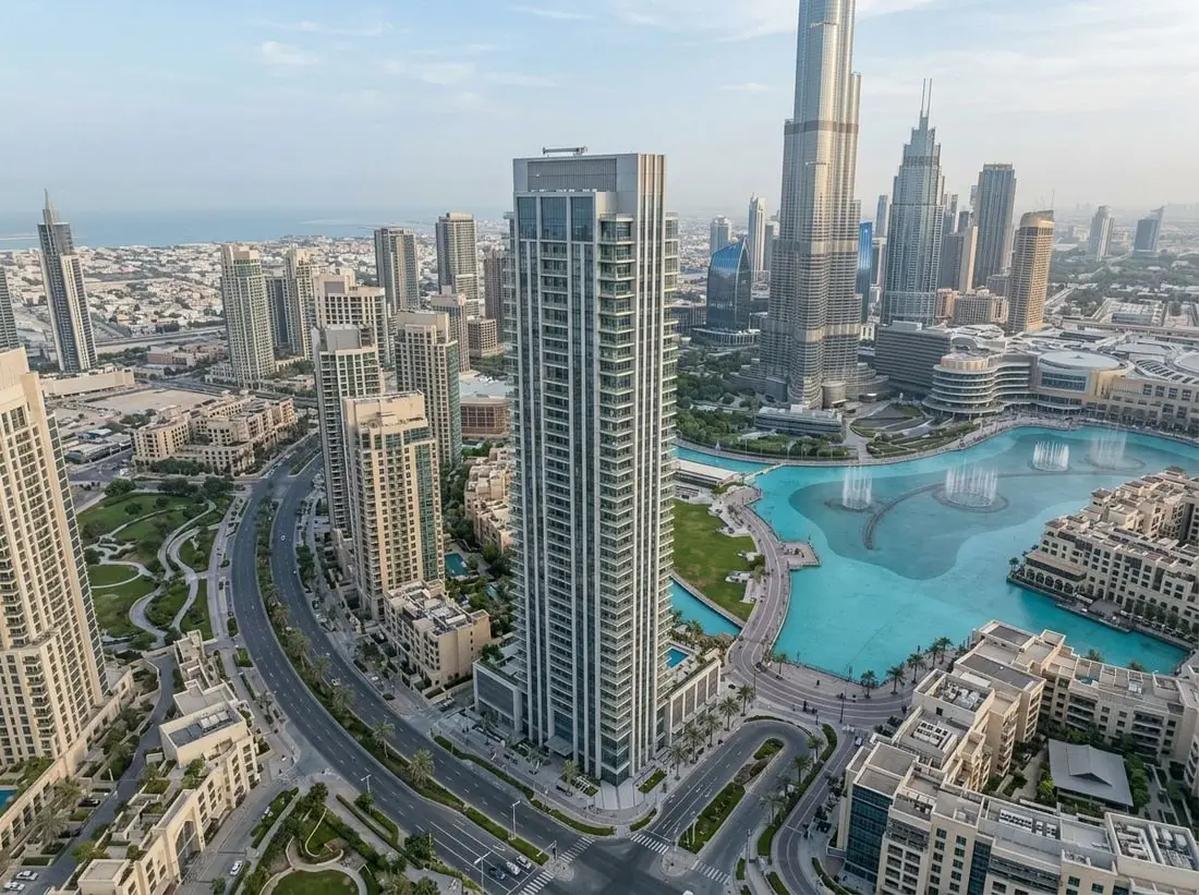 Lotniczy widok wieży Mr. C Residences w kwartale Downtown Dubai przy Burj Khalifa