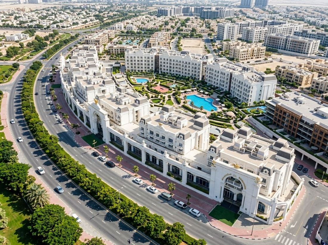 Lotniczy widok Vincitore Boulevard w Arjan z bulwarem obsadzonym drzewami