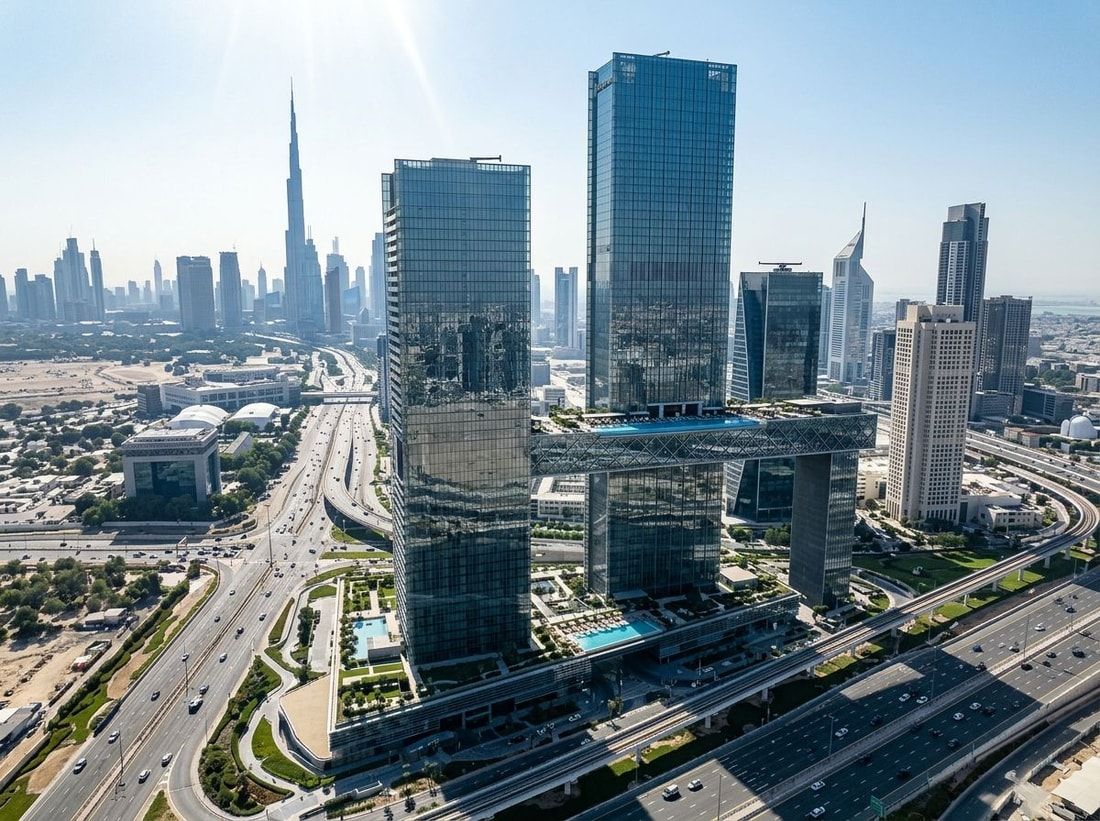 Lotniczy widok bliźniaczych wież One Za'abeel z mostem przy centrum finansowym Dubaju