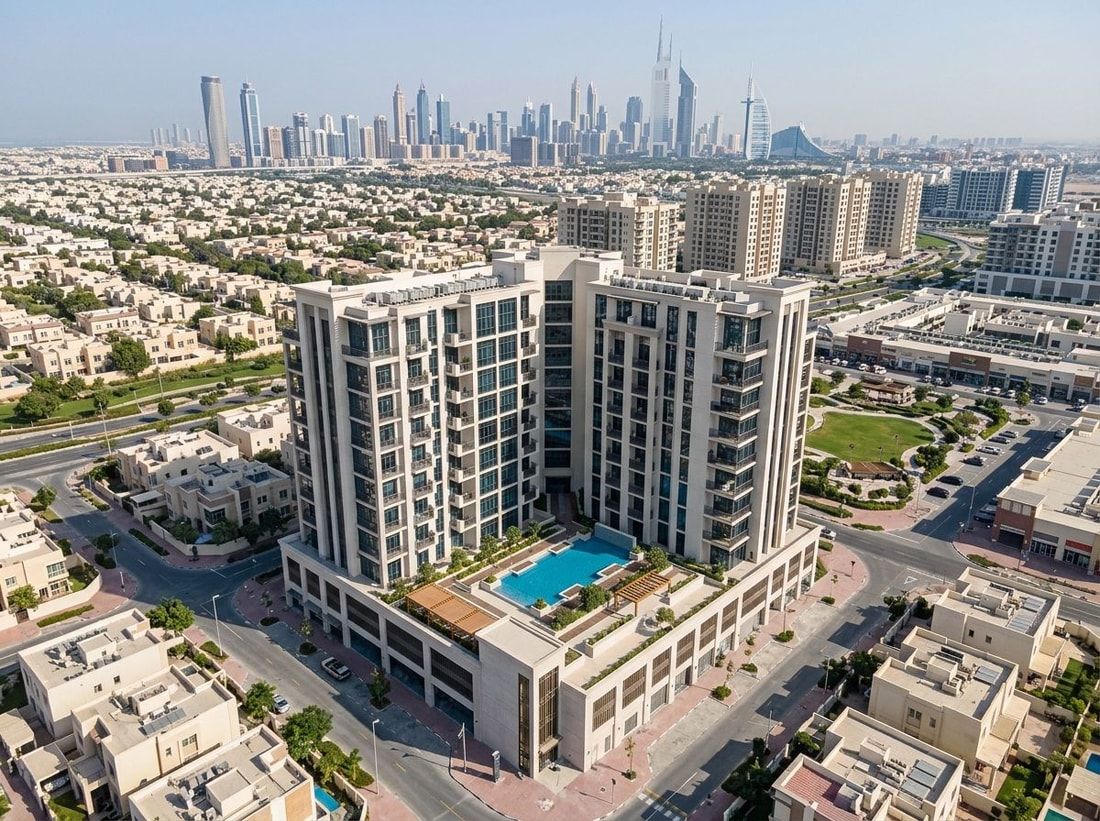 Lotniczy widok gotowego budynku Avenue Residence 4 w dzielnicy Al Furjan
