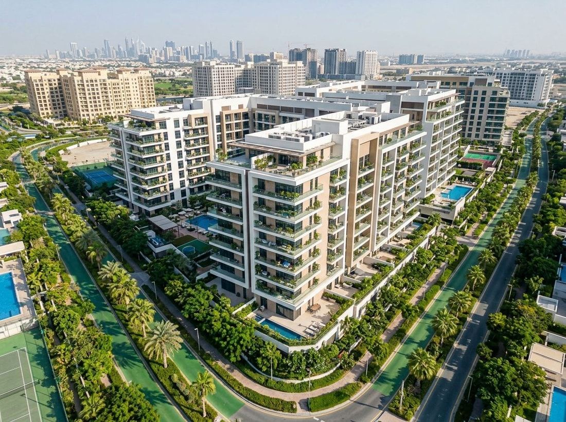 Lotniczy widok apartamentowca Elano w dzielnicy Arjan z zielonymi bulwarami