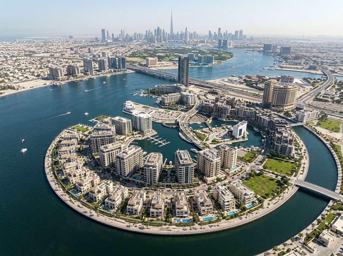 Plan nadwodnej dzielnicy Jaddaf Waterfront z lotu ptaka