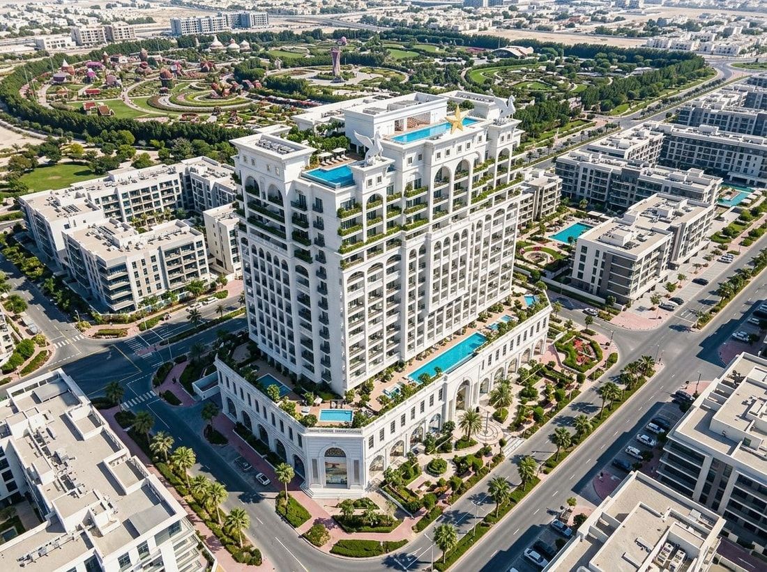 Lotniczy widok nowoczesnego apartamentowca Vincitore Volare w Arjan z zielenią