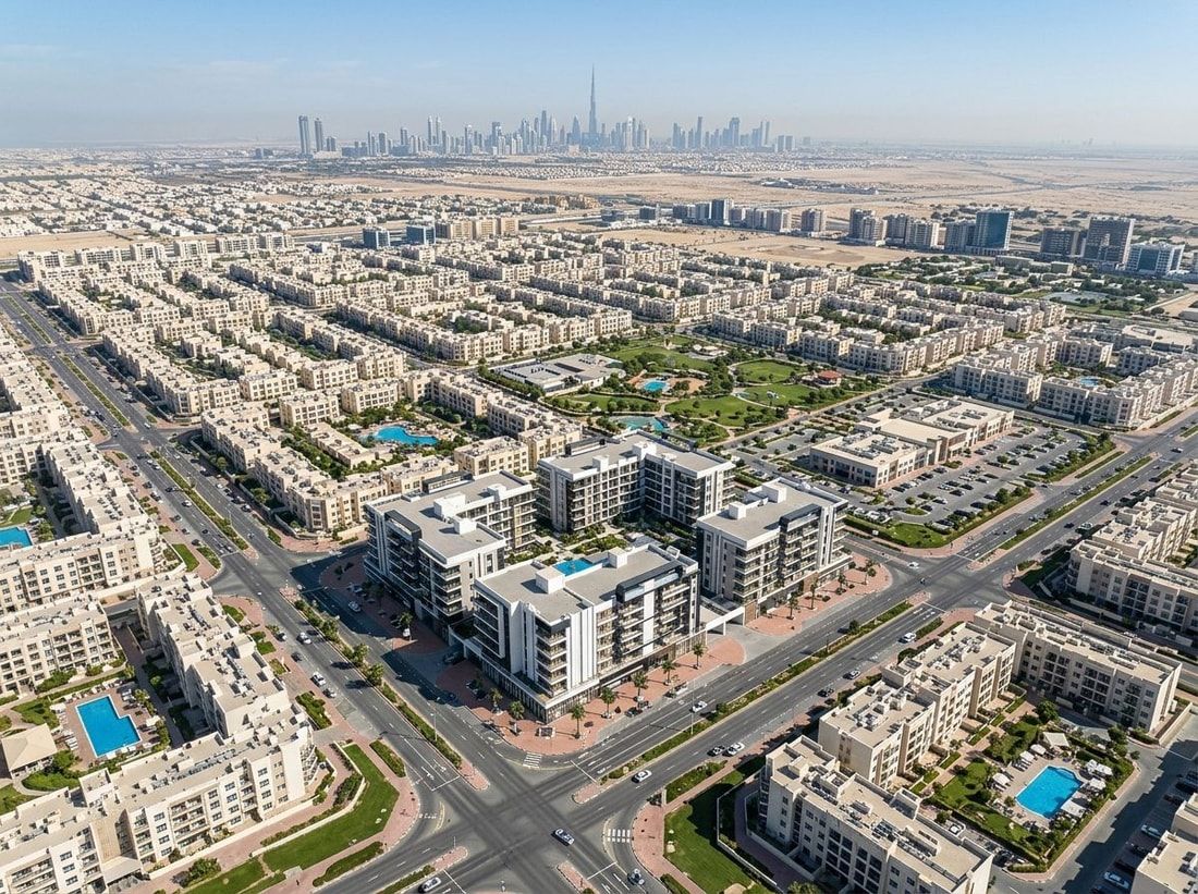 Lotniczy widok dzielnicy International City w Dubaju