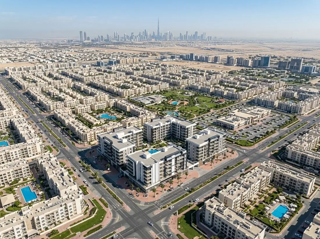 Lotniczy widok dzielnicy International City w Dubaju