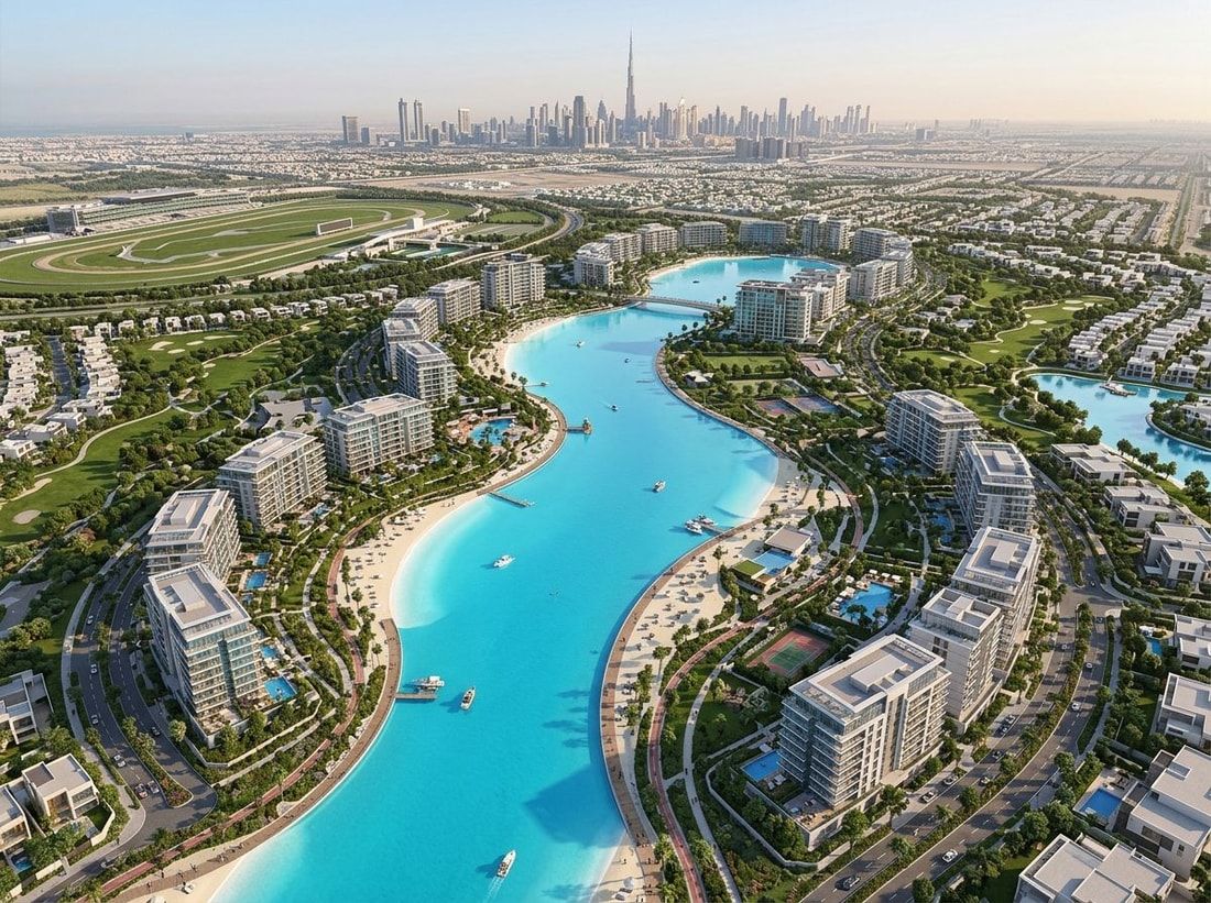 Lotniczy plan zespołu apartamentów Lagoon Views wzdłuż laguny