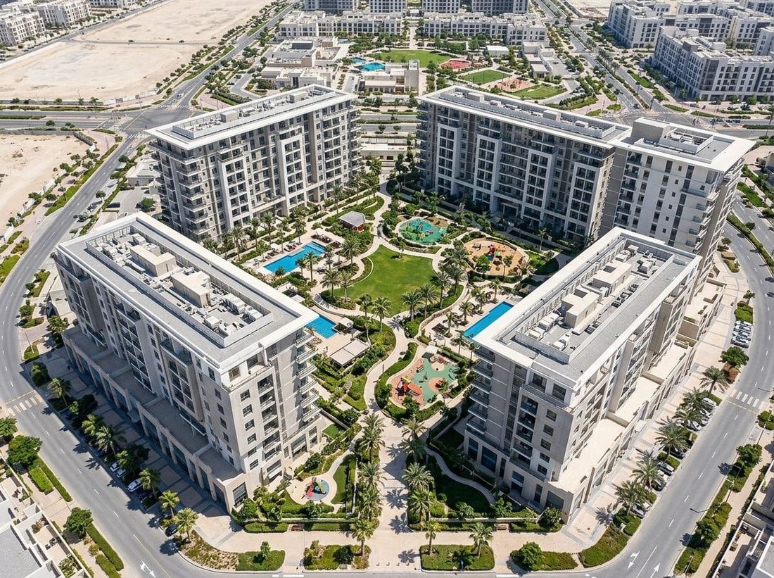 Lotniczy widok czterech apartamentowców Rawda wokół parku