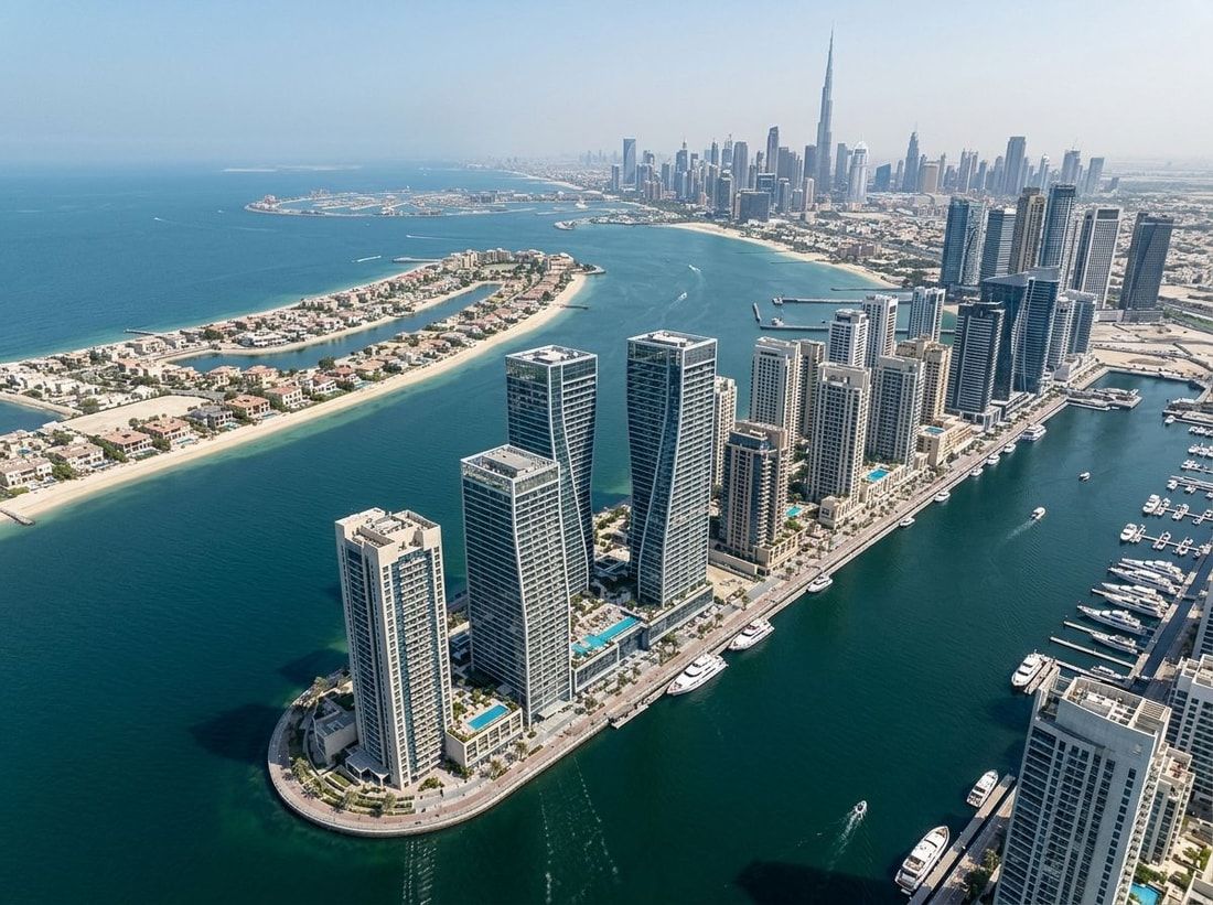 Wybrzeże Dubai Maritime City z wieżami wzdłuż Jumeirah