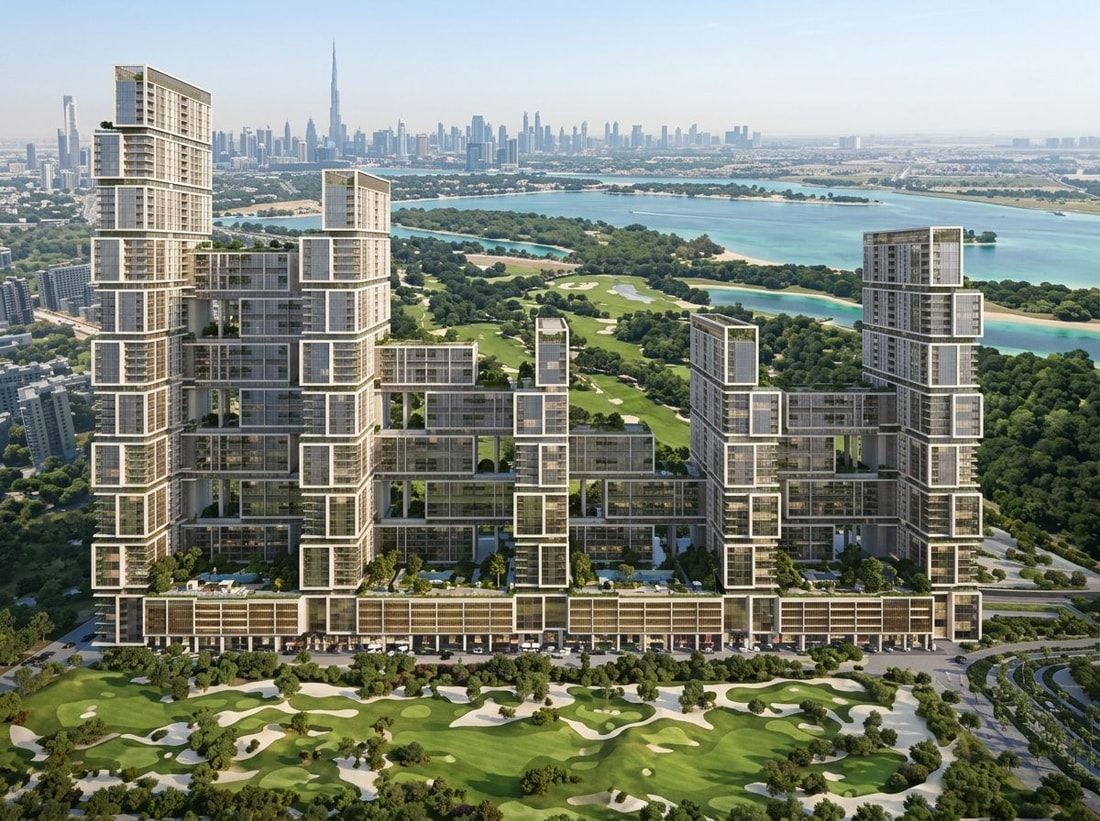 Lotniczy widok wież Sobha One z polem golfowym i zielenią