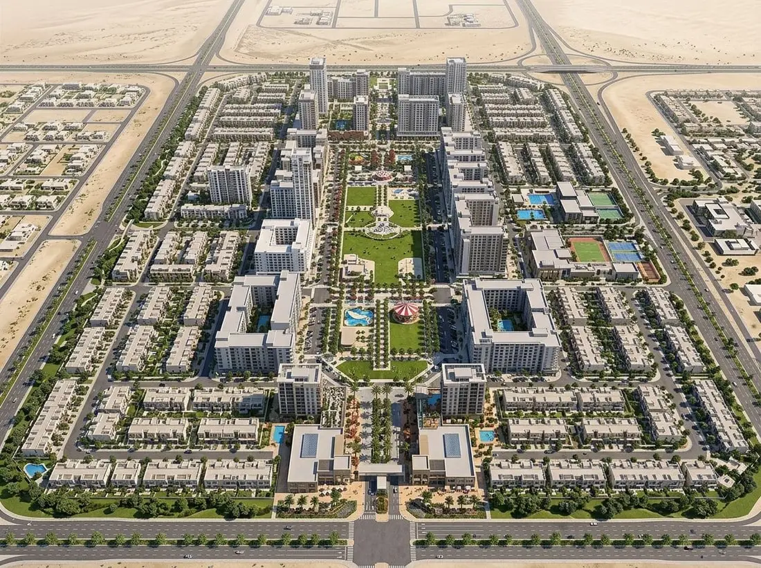Lotniczy plan dzielnicy Town Square Dubai wokół centralnego parku