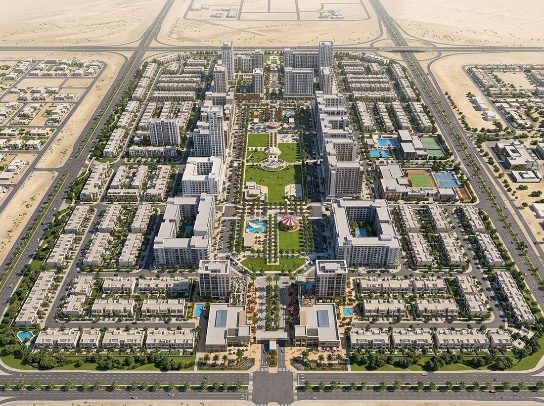 Lotniczy plan dzielnicy Town Square Dubai wokół centralnego parku