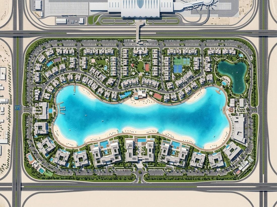 Lotniczy plan lagunowej dzielnicy South Bay w Dubai South