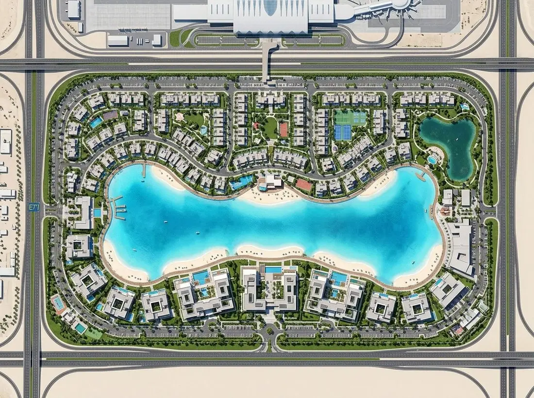 Lotniczy plan lagunowej dzielnicy South Bay w Dubai South