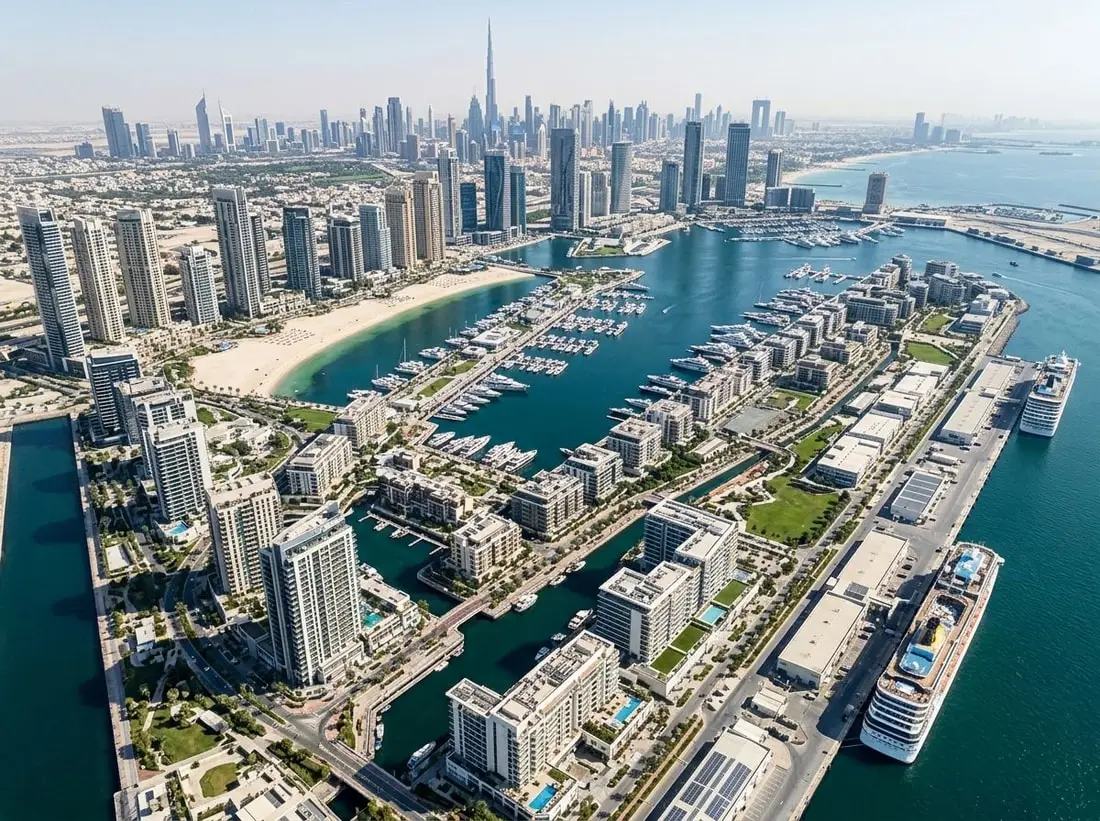 Lotniczy widok dzielnicy Rashid Yachts & Marina z przystanią, plażą i wieżami