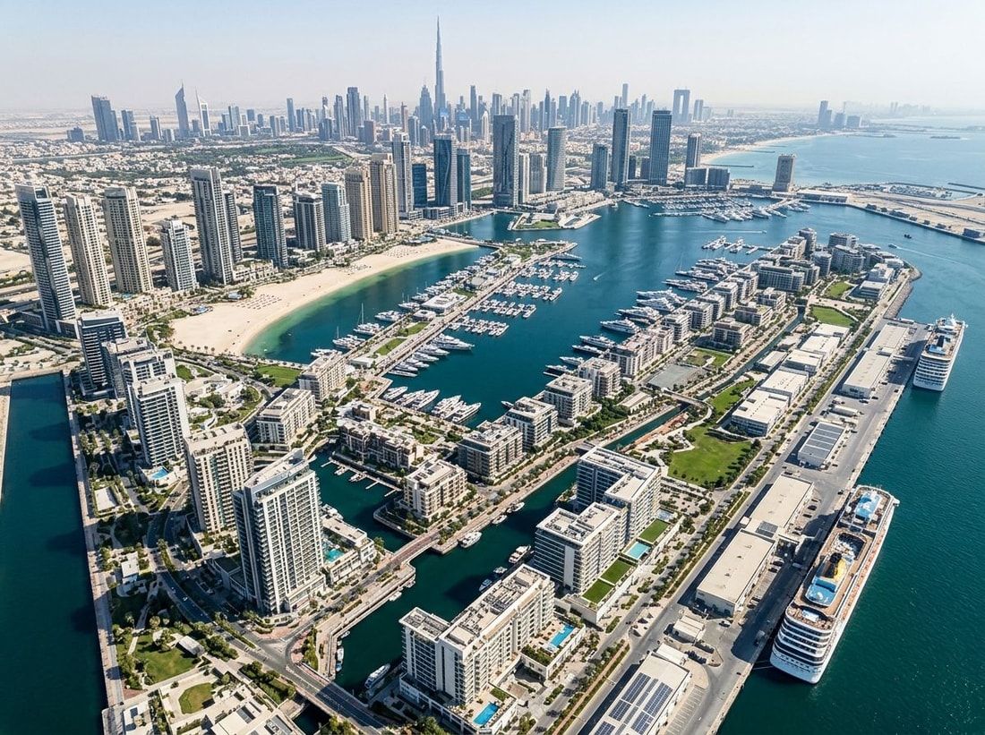 Lotniczy widok dzielnicy Rashid Yachts & Marina z przystanią, plażą i wieżami