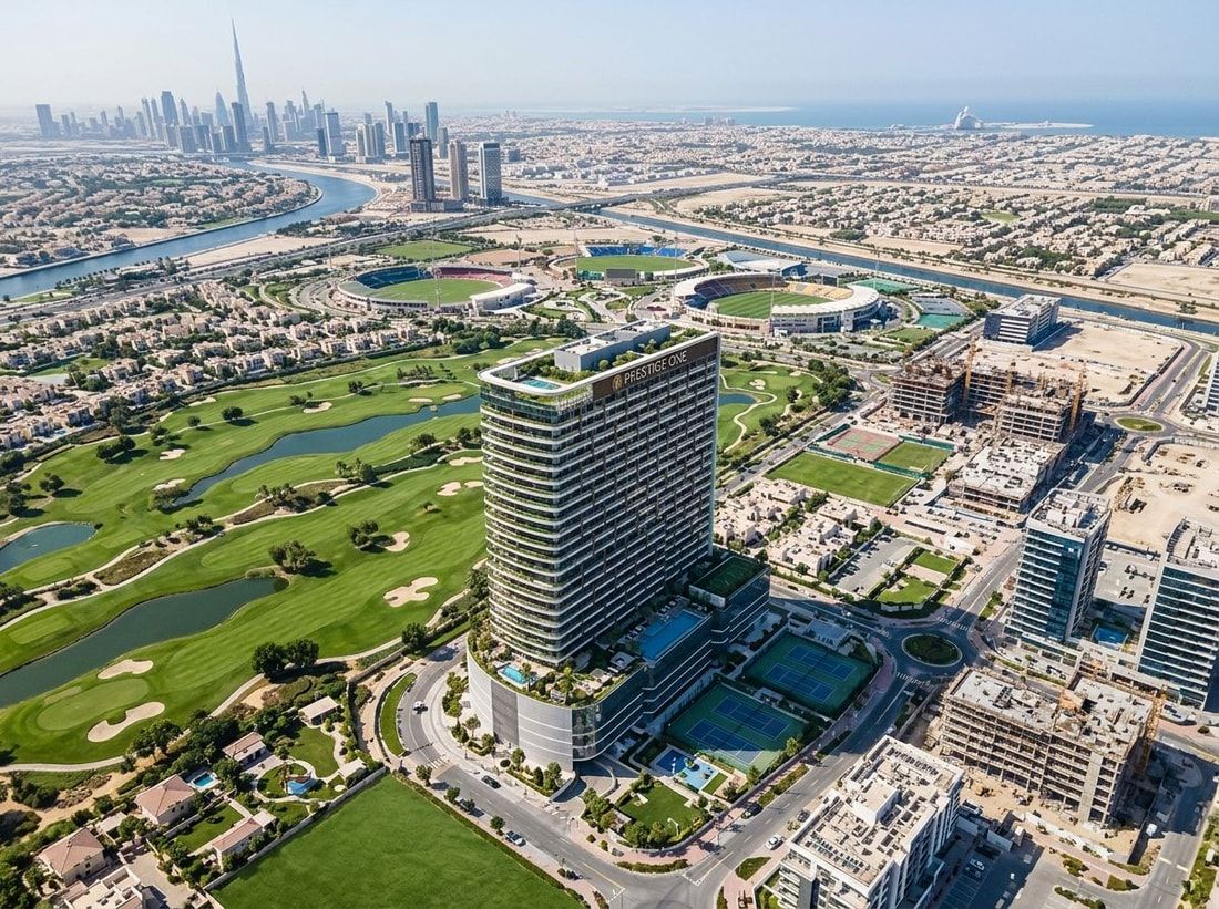 Lotniczy plan wieży Golf Residences w Dubai Sports City