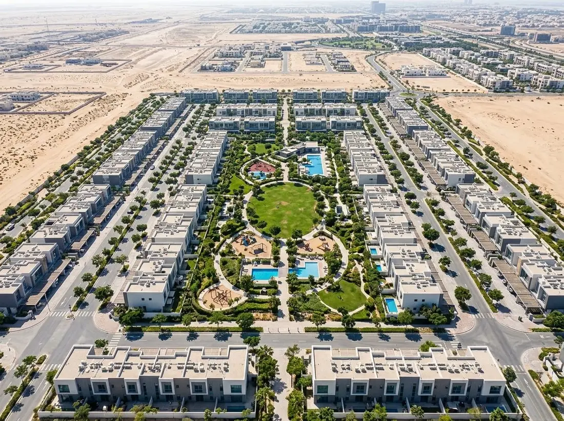 Lotniczy plan osiedla szeregówek Gardenia Townhomes z drzewiastymi ulicami