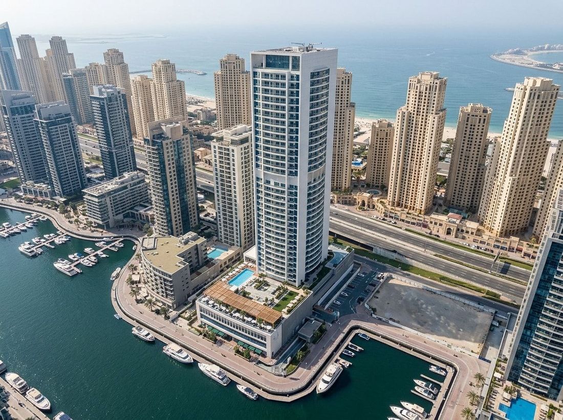 Lotniczy plan wieży Studio One na skraju Dubai Marina
