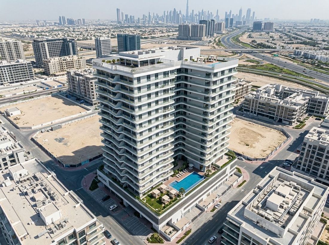 Lotniczy widok butikowego budynku w Dubailand