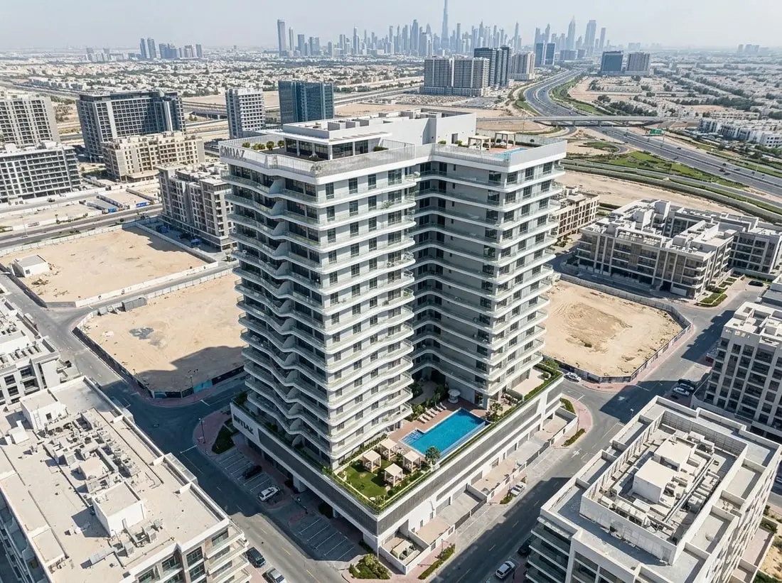 Lotniczy widok butikowego budynku w Dubailand