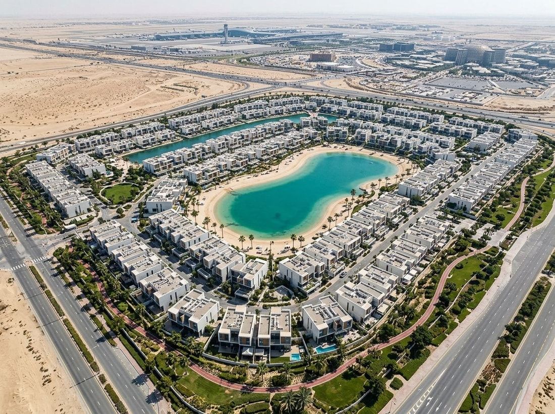 Lotniczy plan osiedla The Pulse Townhouses z laguną w Dubai South