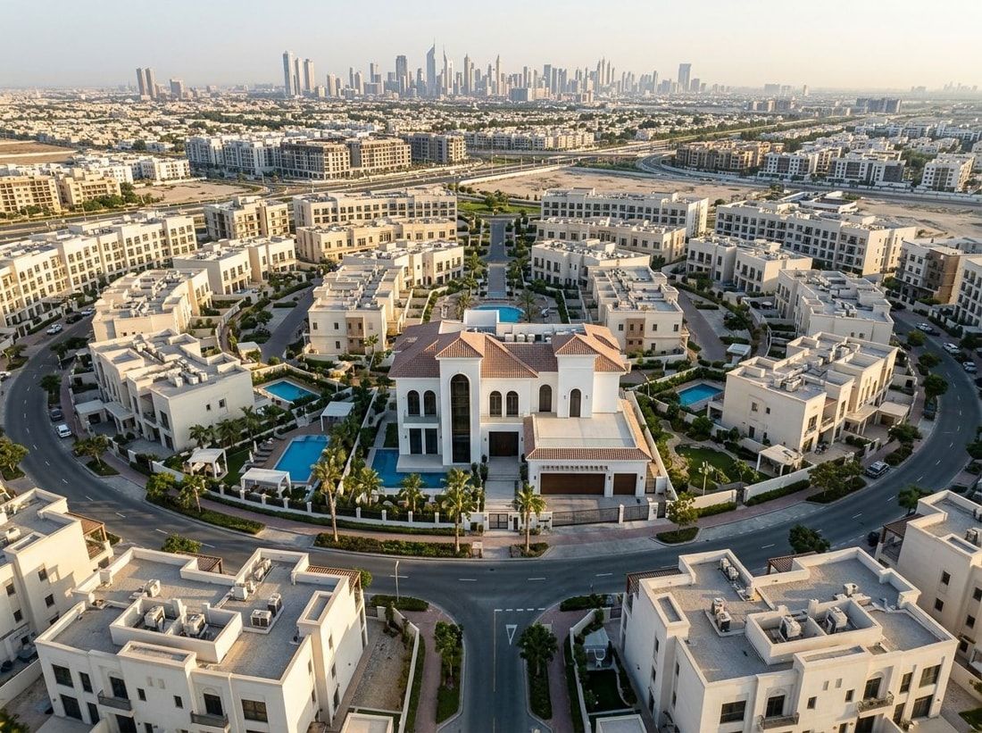 Lotniczy widok La Villa Blanca w Jumeirah Village Circle