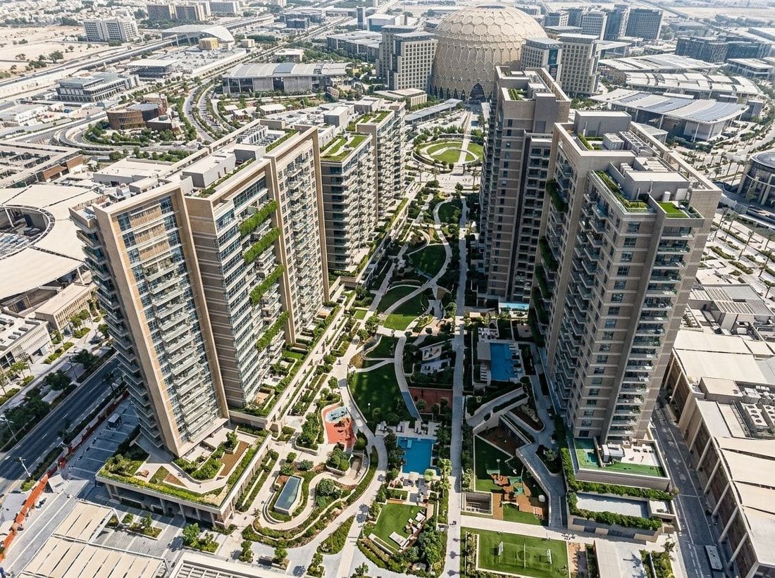 Lotniczy widok osiedla Expo Central w Expo City Dubai