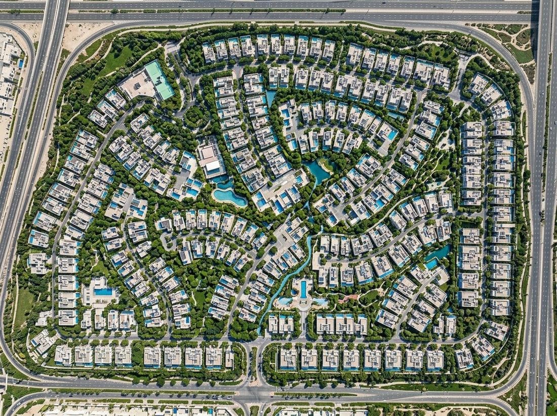 Lotniczy plan Sobha Reserve z gęstą zielenią i parkami