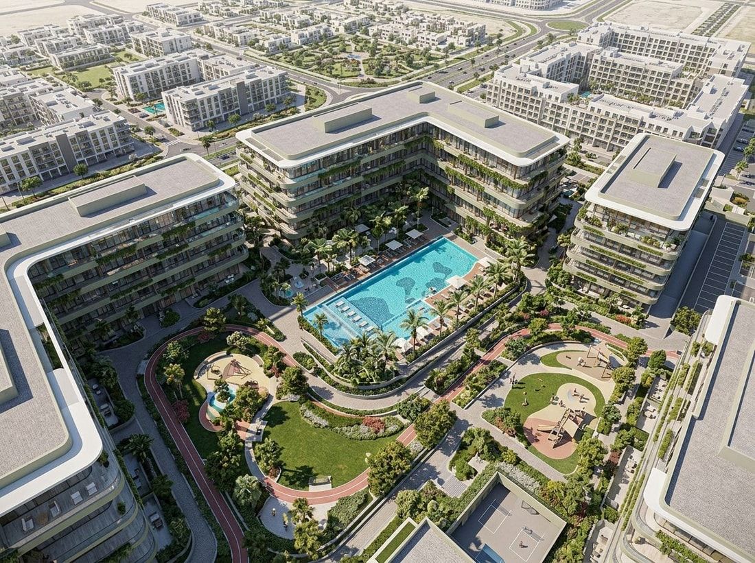 Lotniczy widok osiedla Gardens 2 w Arjan z ogrodami i basenem
