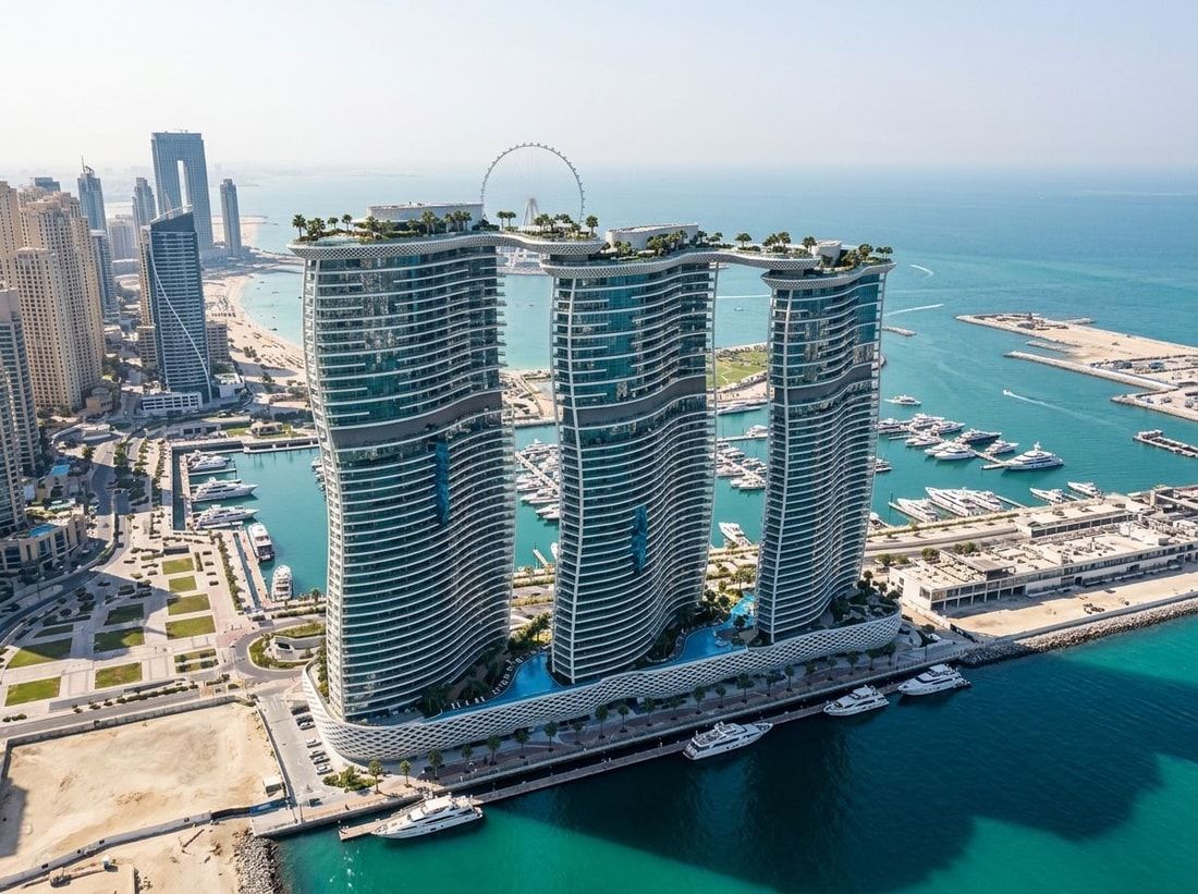 Lotniczy widok wież DAMAC Bay w Dubai Harbour z marina i morzem