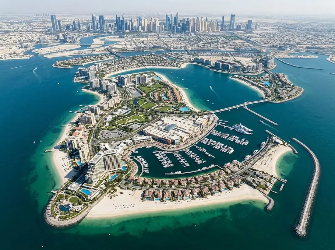 Lotniczy widok archipelagu Dubai Islands z plażami i marinami