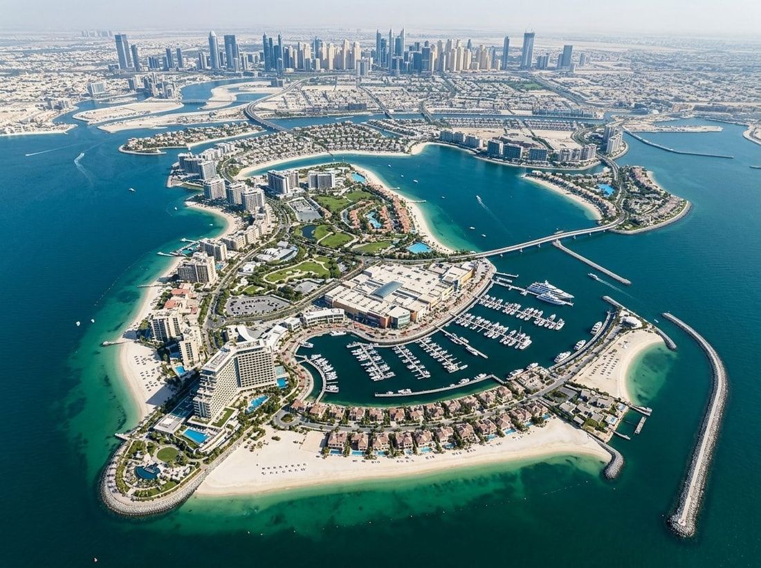 Lotniczy widok archipelagu Dubai Islands z plażami i marinami