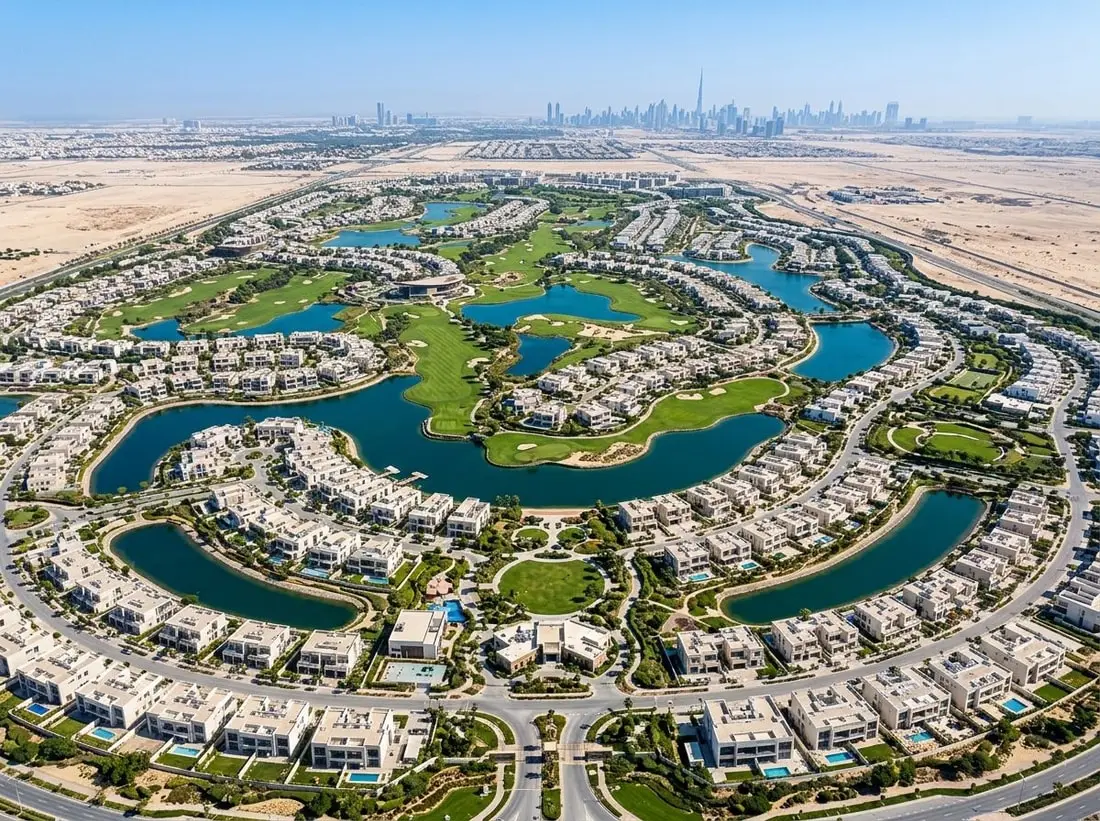 Lotniczy plan DAMAC Hills z polem golfowym, willami i jeziorami