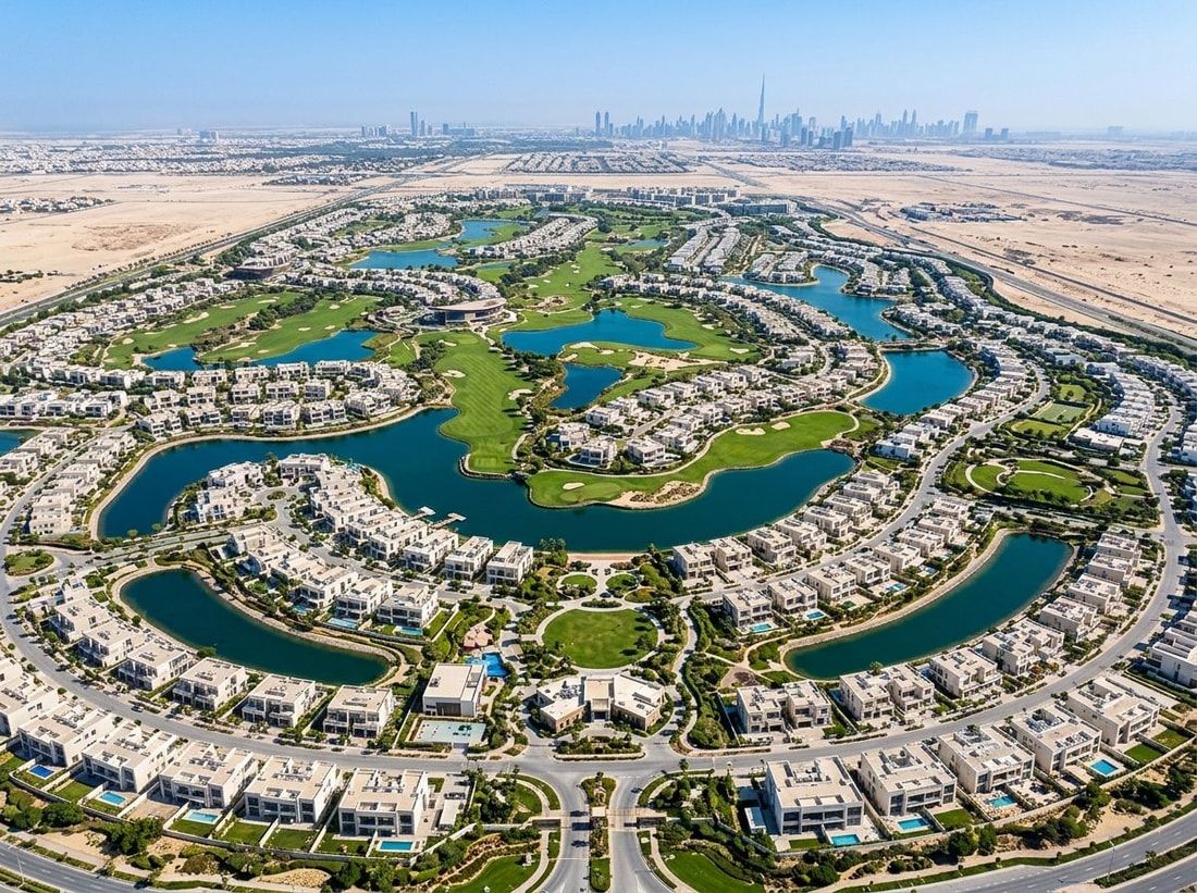 Lotniczy plan DAMAC Hills z polem golfowym, willami i jeziorami