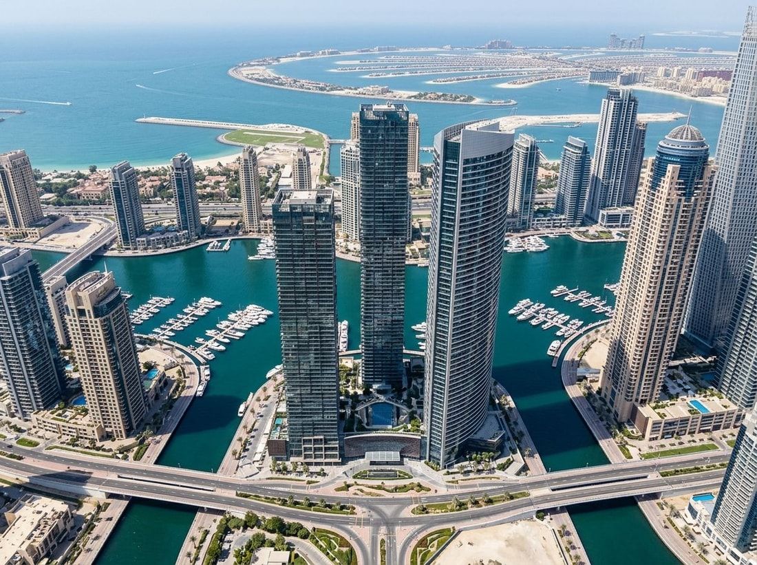 Lotniczy plan trzech wież Marina Gate u wejścia do Dubai Marina