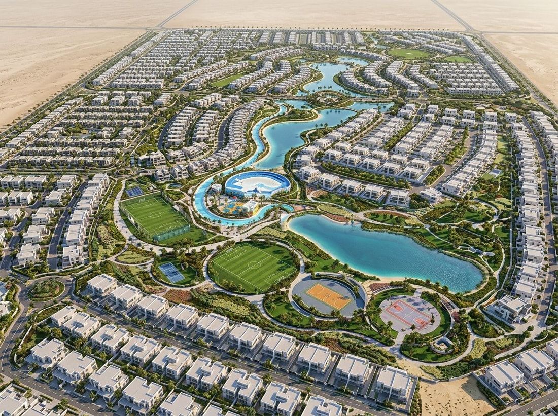 Lotniczy plan DAMAC Hills 2 z willami, strefami wodnymi i sportem