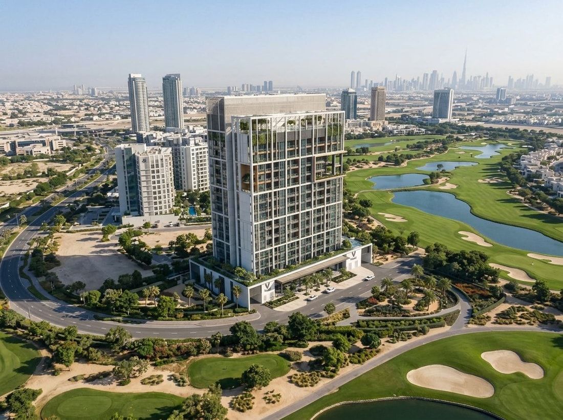 Lotniczy plan wieży Vista przy polu golfowym w Dubai Sports City