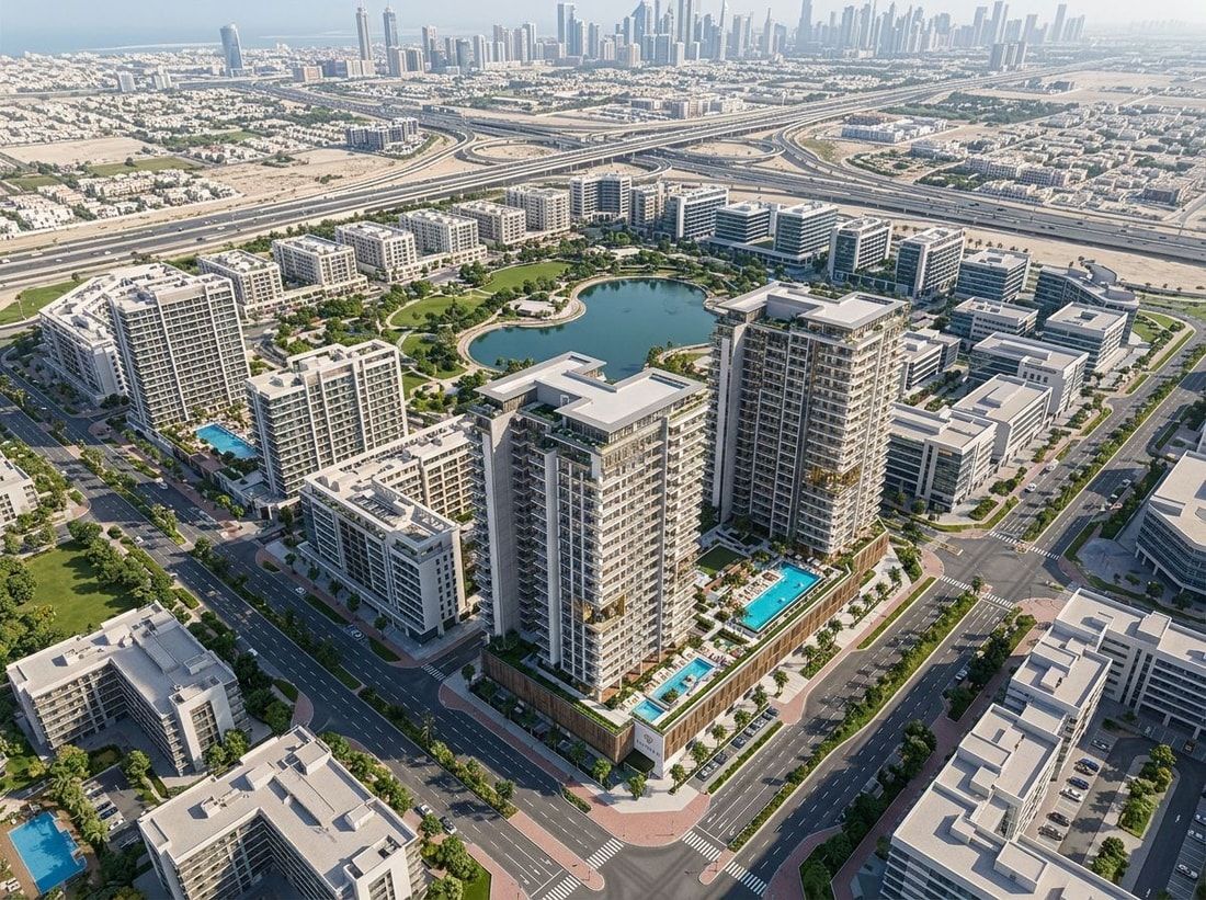 Lotniczy plan okolicy Eden 3 by Meraki w Dubai Production City
