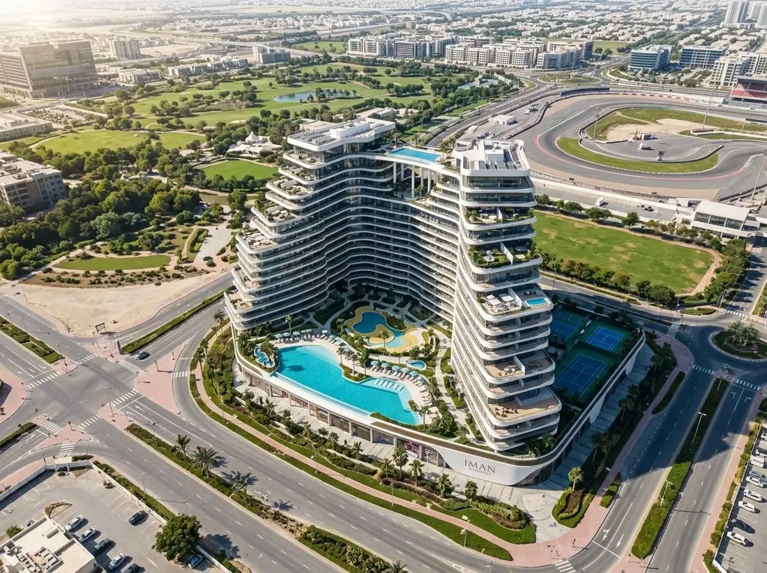 Lotniczy plan ikonicznej wieży 15 Cascade u bram Motor City
