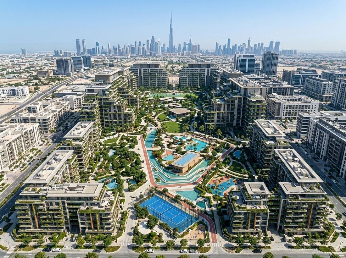 Lotniczy widok Central Park w City Walk z apartamentami wokół zieleni
