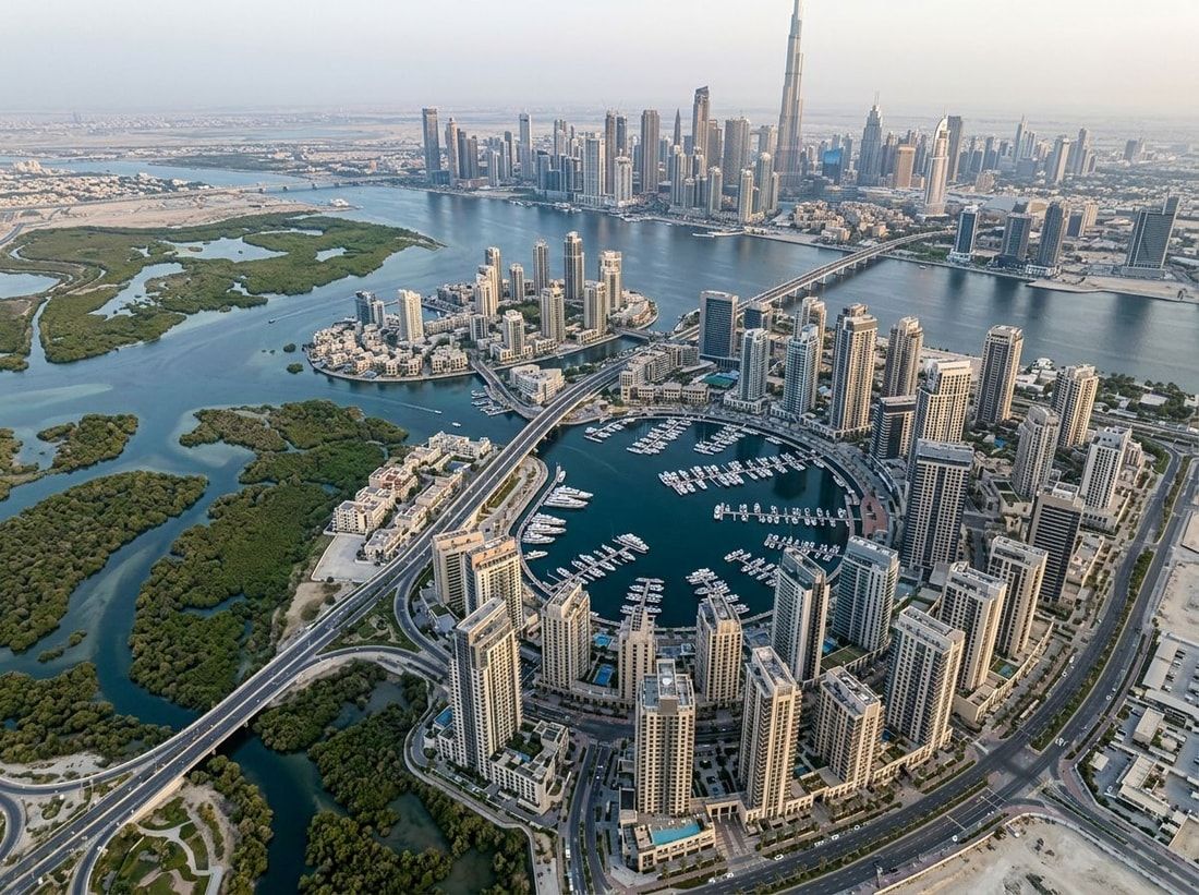 Lotniczy plan dzielnicy Dubai Creek Harbour z marina i rezerwatem Ras Al Khor