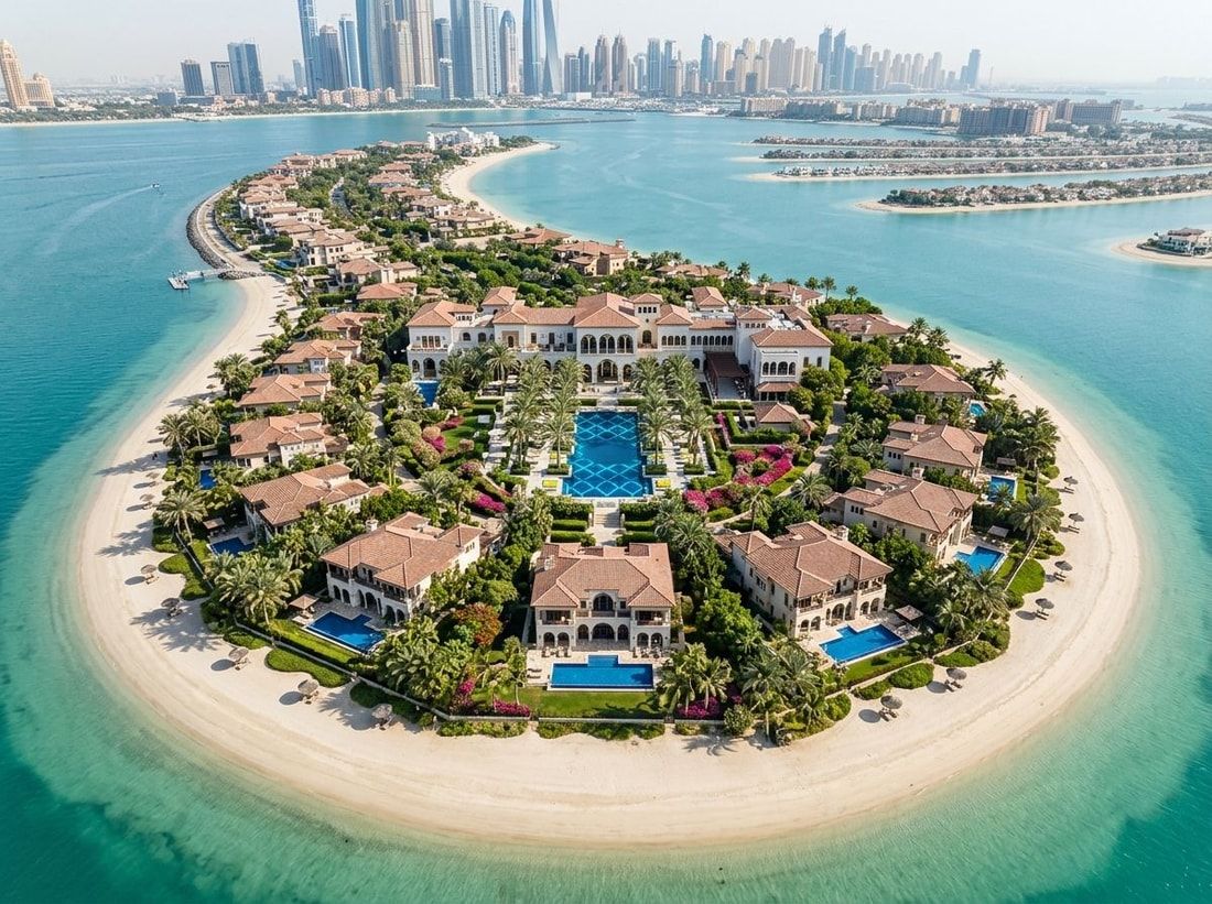 Lotniczy widok niskiego kurortu z rezydencjami i ogrodami na Palm Jumeirah