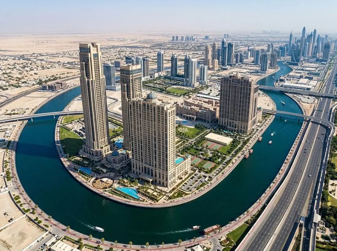 Lotniczy plan Al Habtoor City wzdłuż Dubai Water Canal