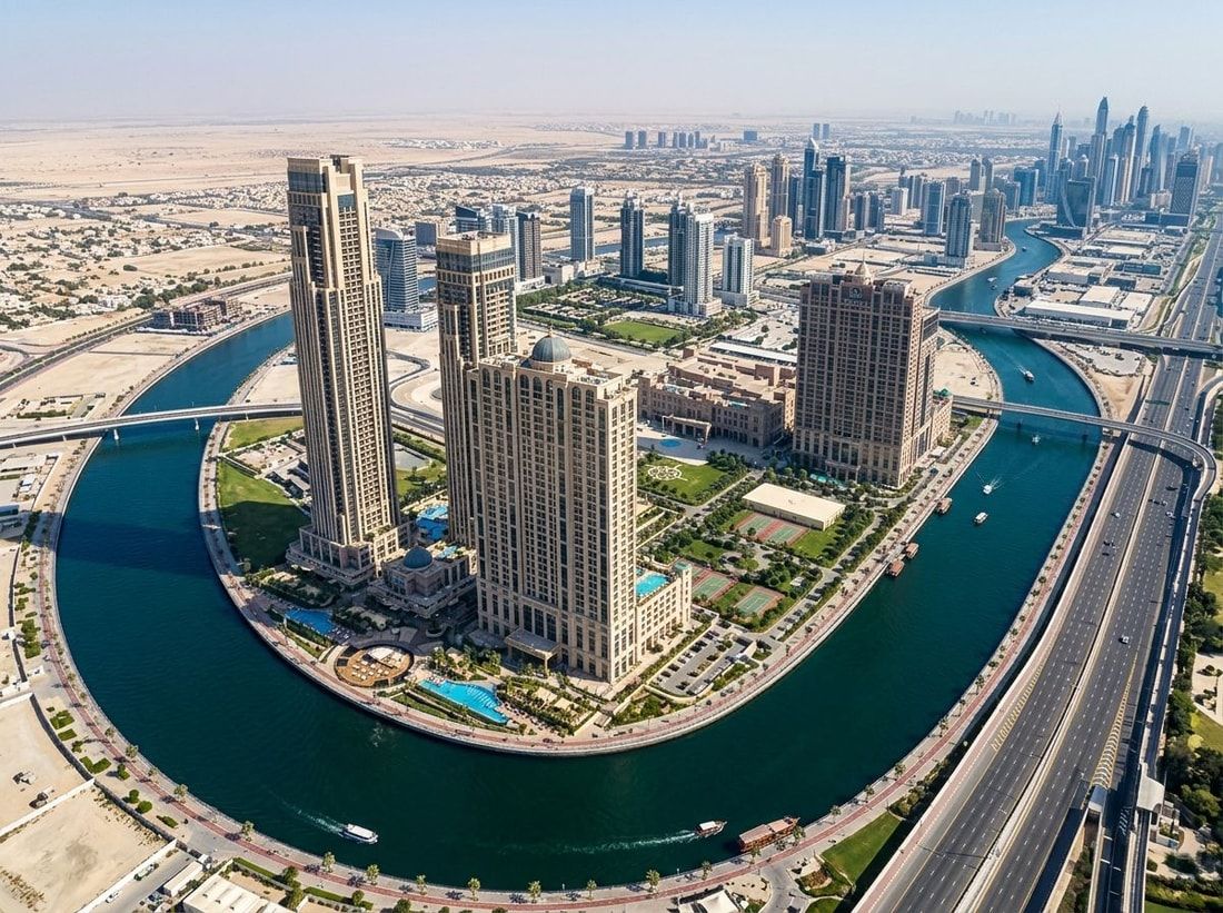 Lotniczy plan Al Habtoor City wzdłuż Dubai Water Canal