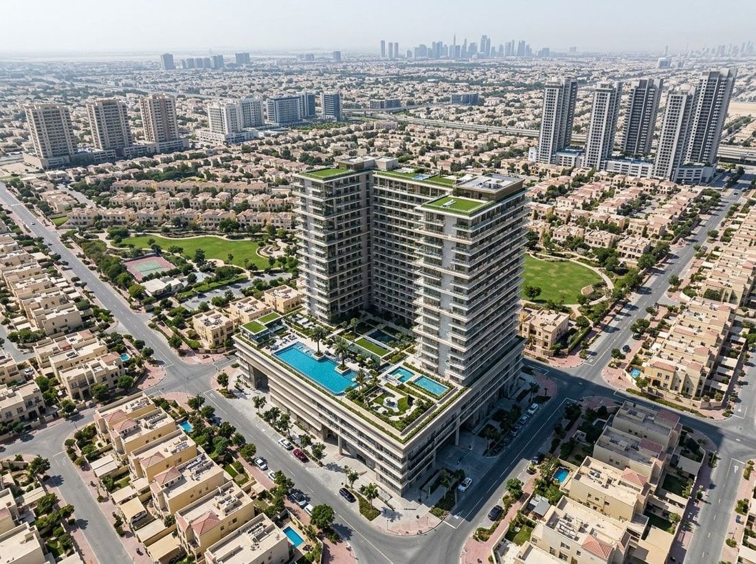 Lotniczy widok Sol Levante w dzielnicy Jumeirah Village Triangle