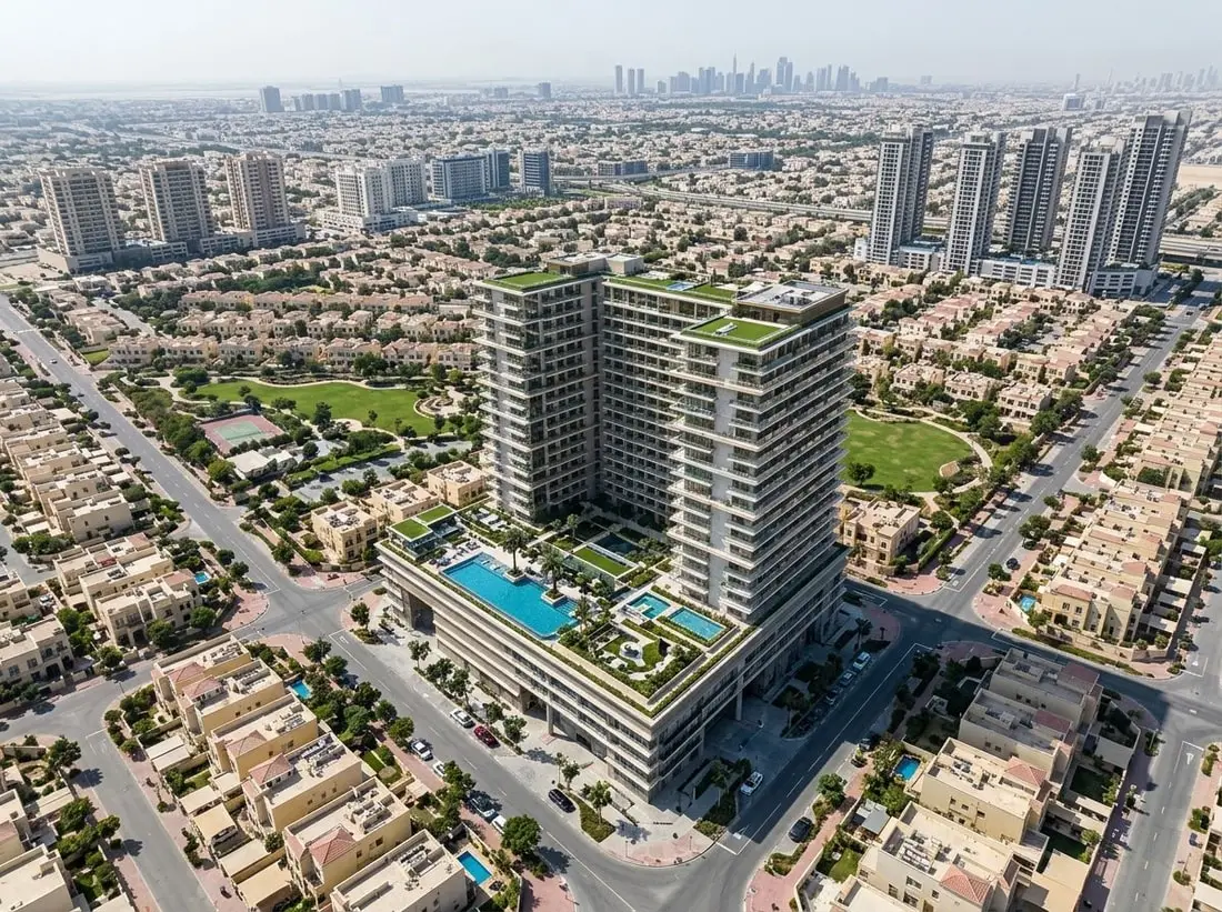 Lotniczy widok Sol Levante w dzielnicy Jumeirah Village Triangle