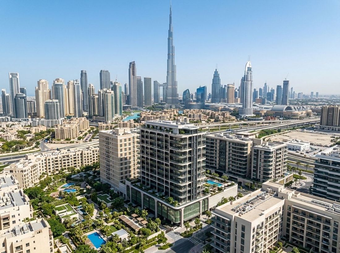 Lotniczy widok Olivia Gardens Residence w Jumeirah Garden City przy panoramie Downtown