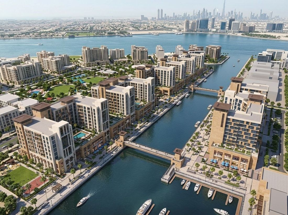 Plan nadwodnej dzielnicy Dubai Wharf przy kanale z lotu ptaka